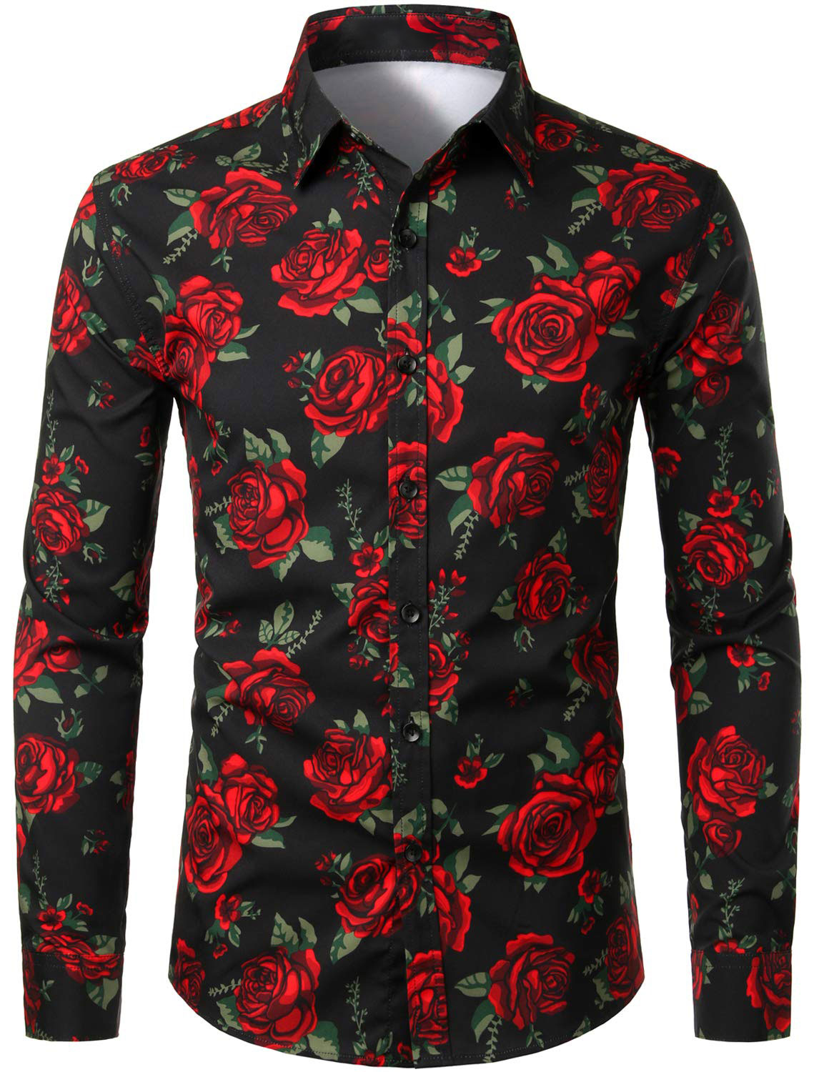 Men's Casual Rose Black Long Sleeve Button Up Shirt