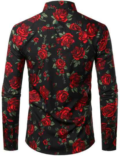Men's Casual Rose Black Long Sleeve Button Up Shirt
