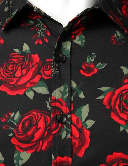 Men's Casual Rose Black Long Sleeve Button Up Shirt