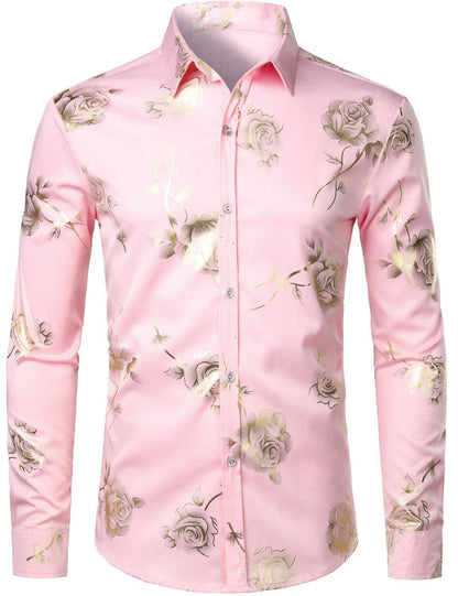 Men's Casual Rose Floral Print Pink Button Up Long Sleeve Dress Shirt