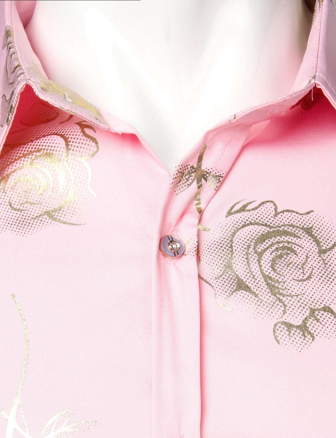 Men's Casual Rose Floral Print Pink Button Up Long Sleeve Dress Shirt