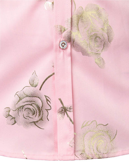 Men's Casual Rose Floral Print Pink Button Up Long Sleeve Dress Shirt