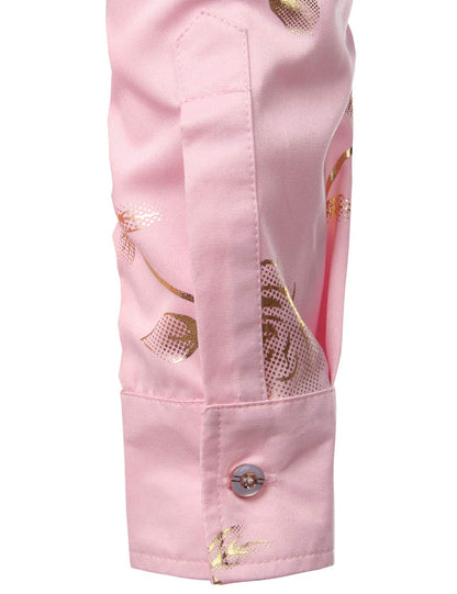 Men's Casual Rose Floral Print Pink Button Up Long Sleeve Dress Shirt