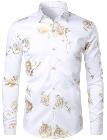 Men's Casual Yellow Rose Floral Print Button Up Long Sleeve Dress Shirt