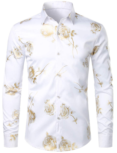 Men's Casual Yellow Rose Floral Print Button Up Long Sleeve Dress Shirt