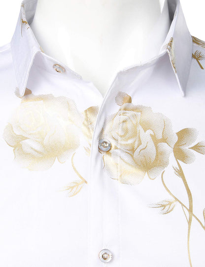 Men's Casual Yellow Rose Floral Print Button Up Long Sleeve Dress Shirt
