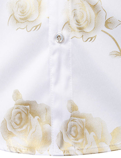 Men's Casual Yellow Rose Floral Print Button Up Long Sleeve Dress Shirt