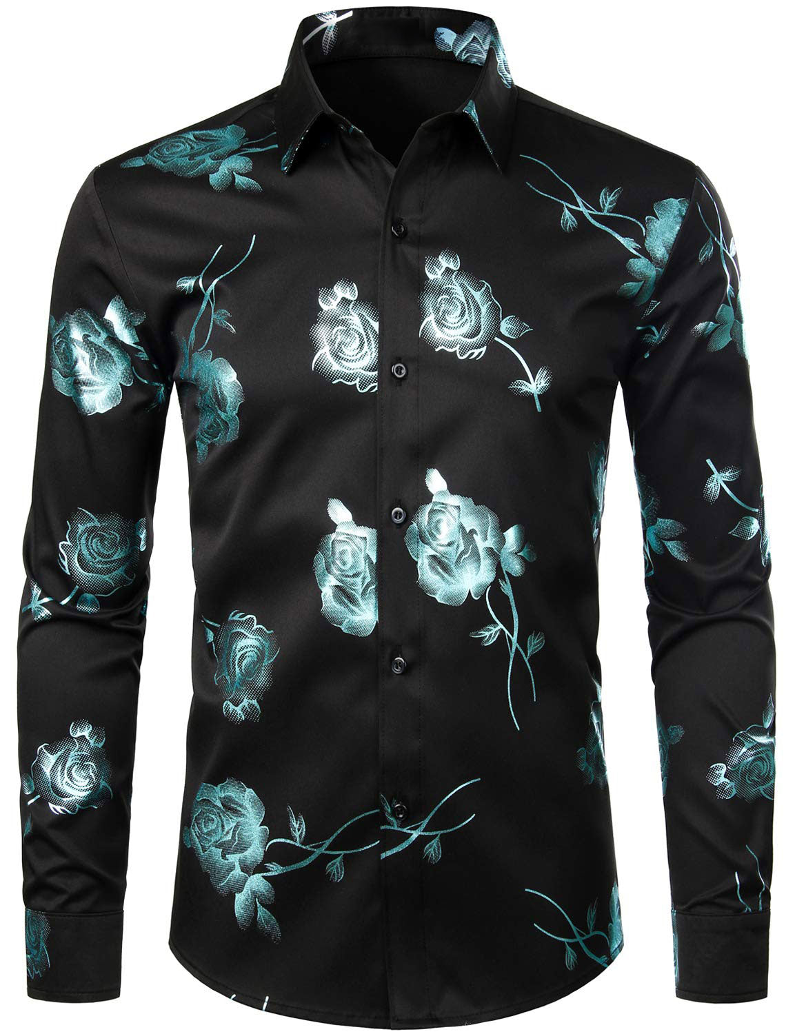 Men's Casual Rose Floral Print Button Up Long Sleeve Dress Shirt