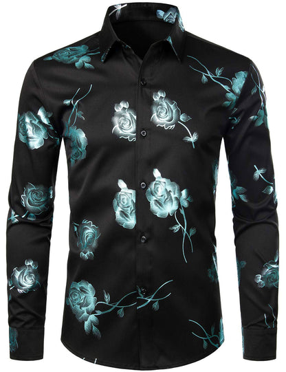 Men's Casual Rose Floral Print Button Up Long Sleeve Dress Shirt