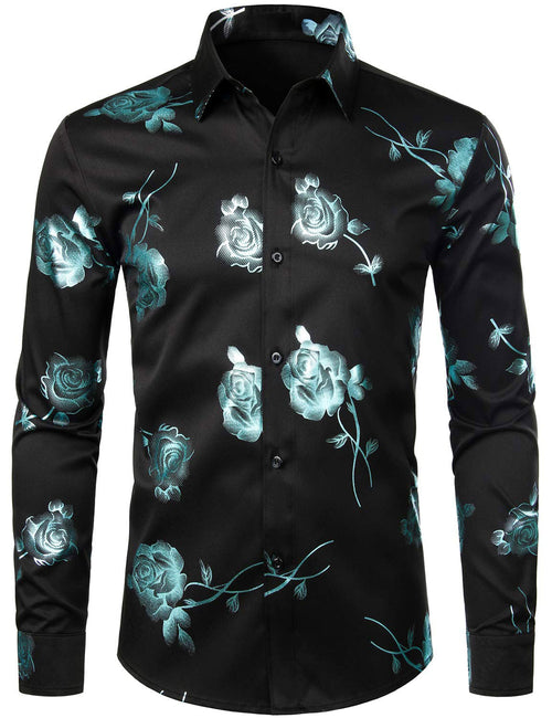 Men's Casual Rose Floral Print Button Up Long Sleeve Dress Shirt