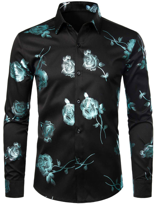 Men's Casual Rose Floral Print Button Up Long Sleeve Dress Shirt