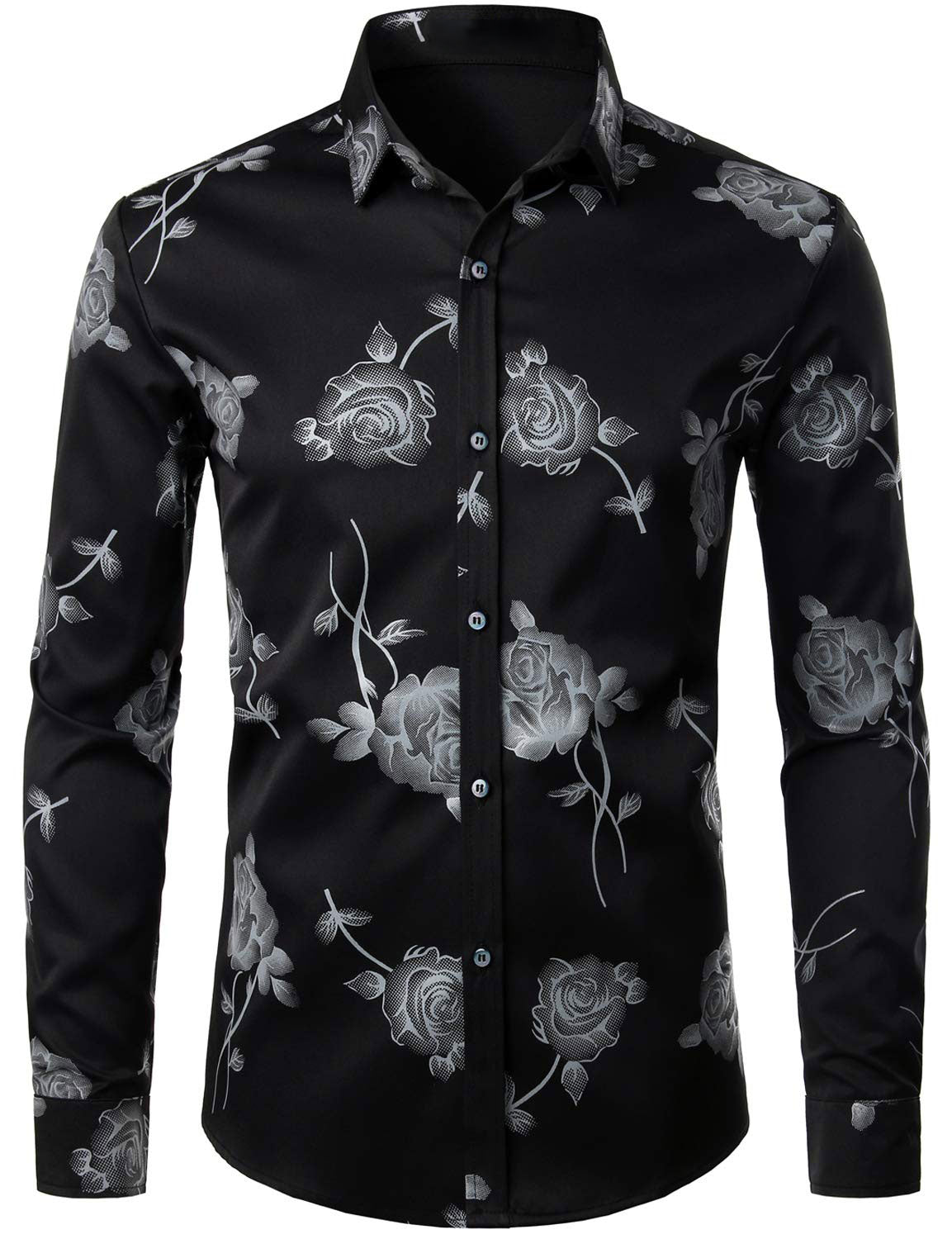 Men's Rose Floral Print Button Up Casual Long Sleeve Dress Shirt