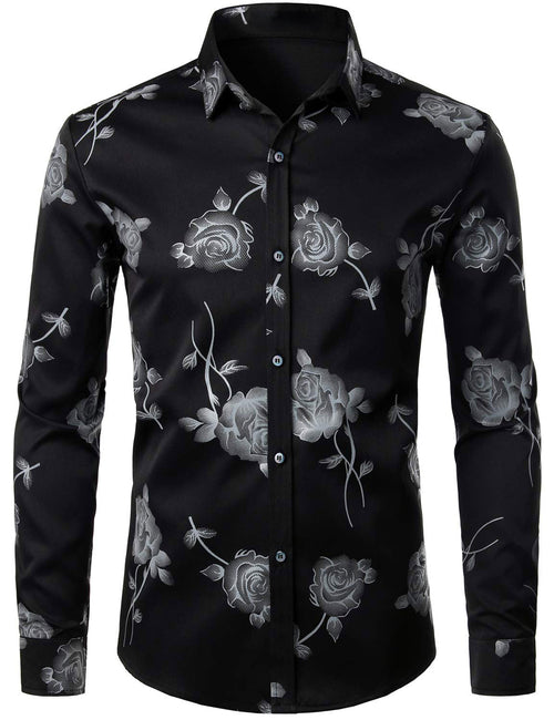 Men's Rose Floral Print Button Up Casual Long Sleeve Dress Shirt