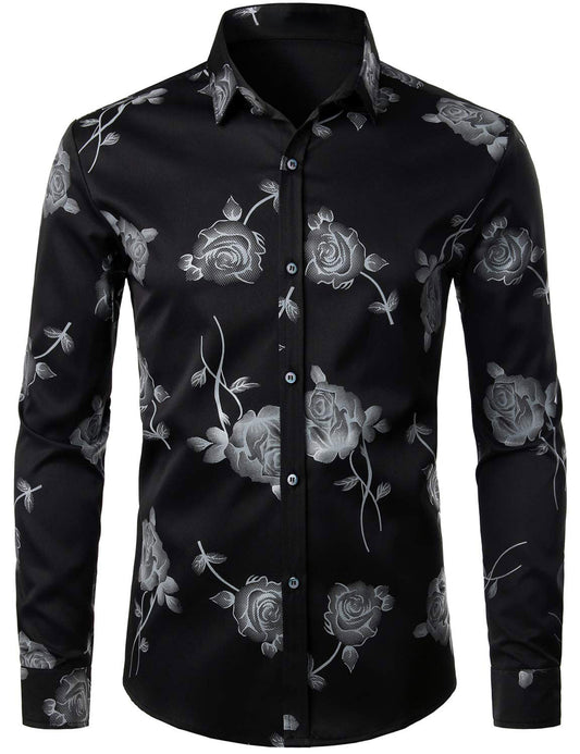 Men's Rose Floral Print Button Up Casual Long Sleeve Dress Shirt