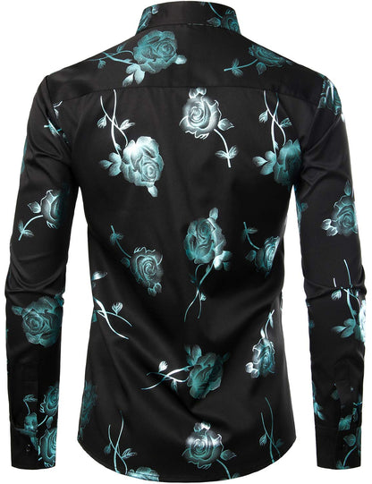 Men's Casual Rose Floral Print Button Up Long Sleeve Dress Shirt