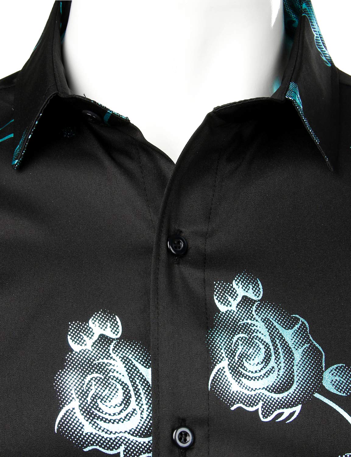 Men's Casual Rose Floral Print Button Up Long Sleeve Dress Shirt