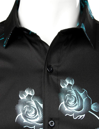 Men's Casual Rose Floral Print Button Up Long Sleeve Dress Shirt