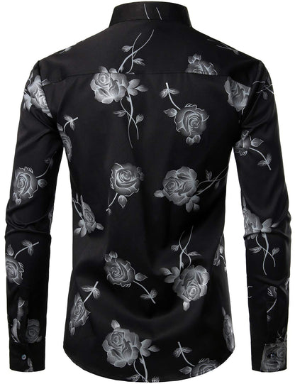 Men's Rose Floral Print Button Up Casual Long Sleeve Dress Shirt