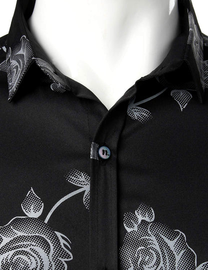 Men's Rose Floral Print Button Up Casual Long Sleeve Dress Shirt