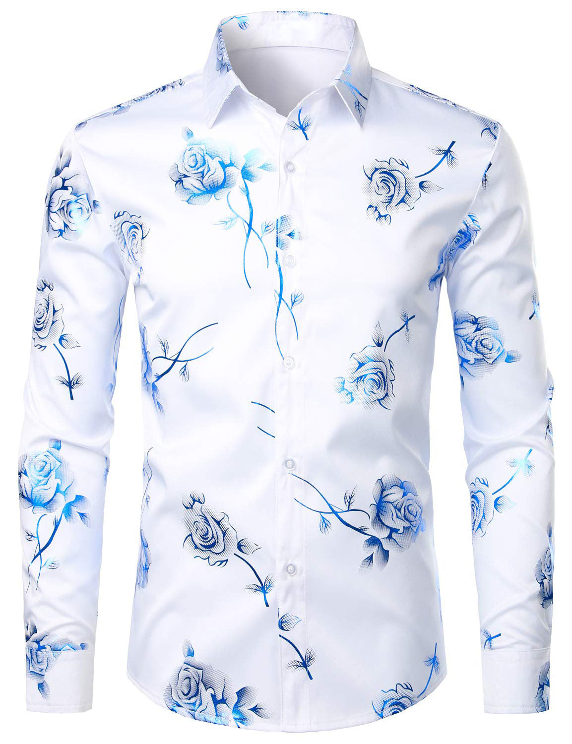Men's Casual Blue Rose Floral Print Button Up Long Sleeve Dress Shirt