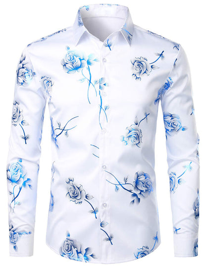 Men's Casual Blue Rose Floral Print Button Up Long Sleeve Dress Shirt