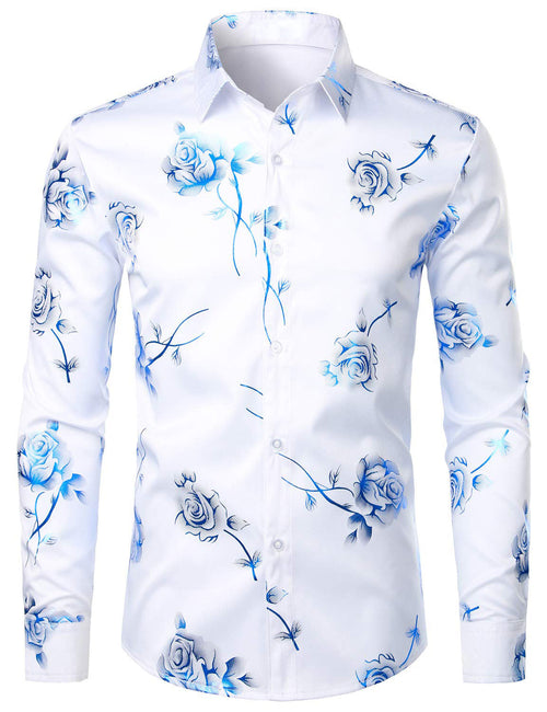Men's Casual Blue Rose Floral Print Button Up Long Sleeve Dress Shirt