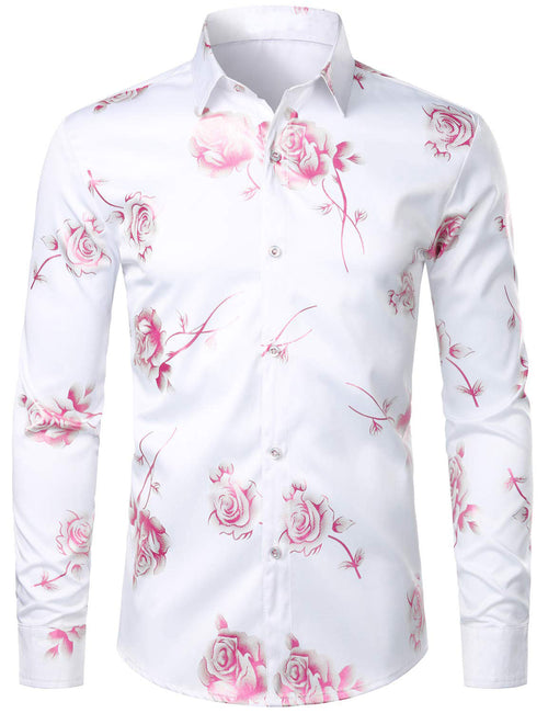 Men's Casual Pink Rose Floral Print Button Up Long Sleeve Dress Shirt