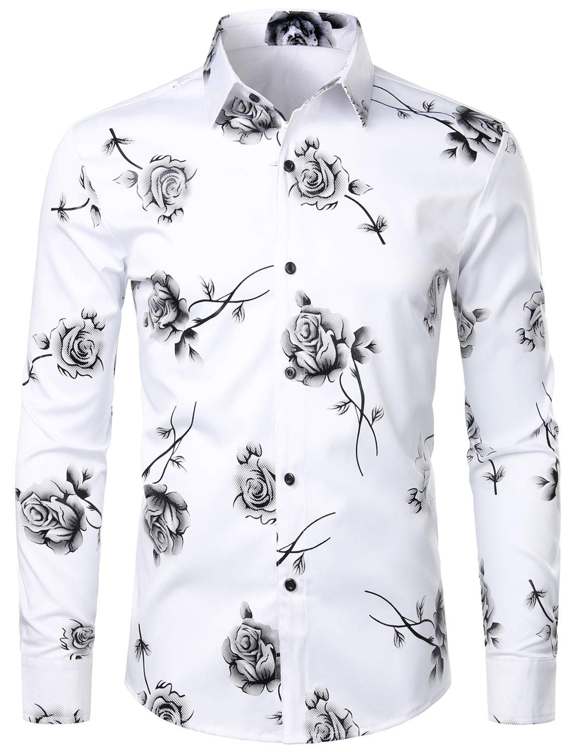 Men's Casual Rose Floral Print Button Up Long Sleeve Shirt