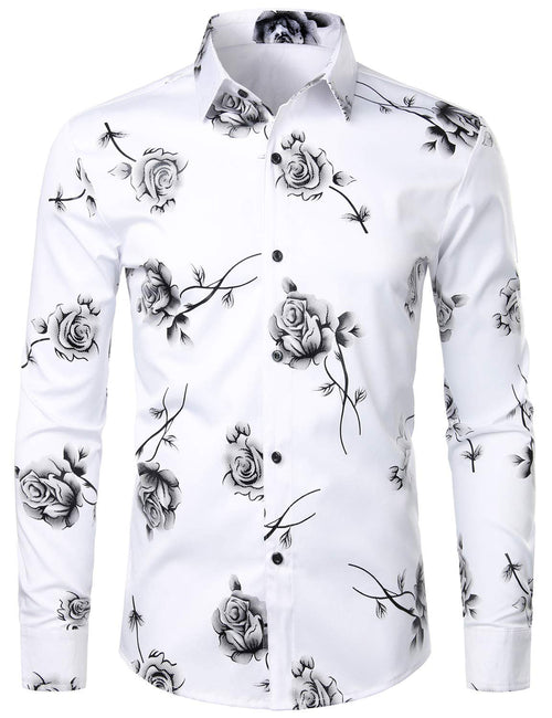 Men's Casual Rose Floral Print Button Up Long Sleeve Shirt