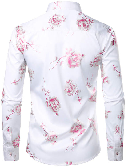 Men's Casual Pink Rose Floral Print Button Up Long Sleeve Dress Shirt