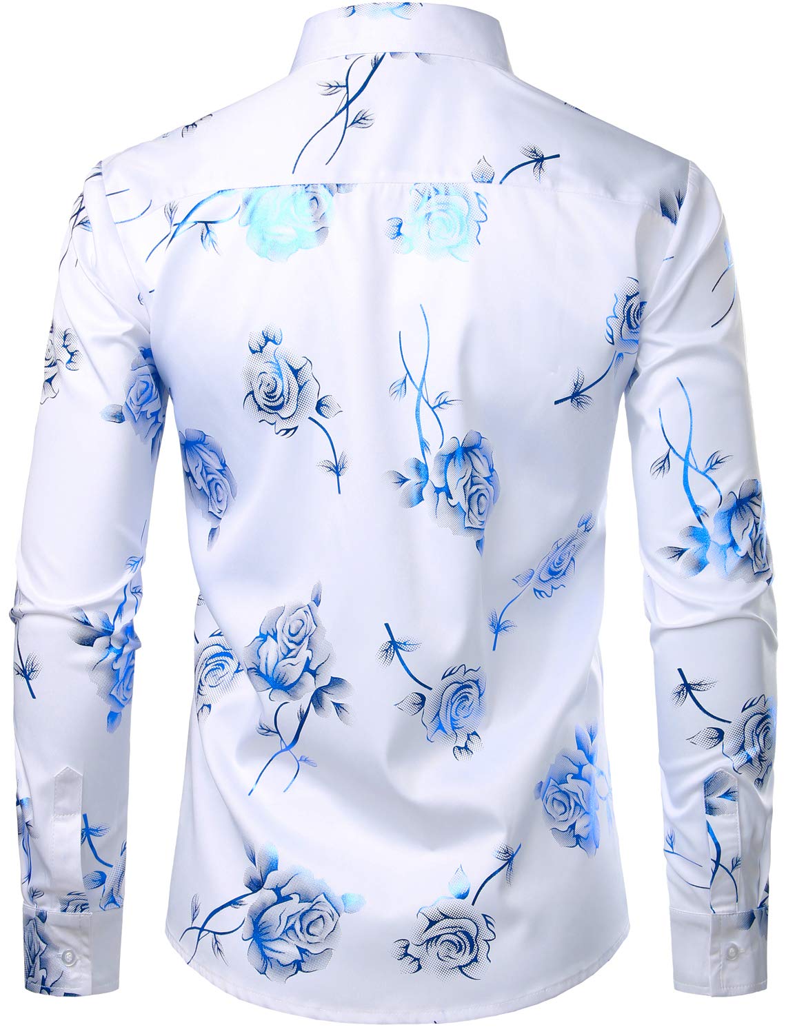 Men's Casual Blue Rose Floral Print Button Up Long Sleeve Dress Shirt
