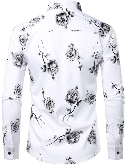 Men's Casual Rose Floral Print Button Up Long Sleeve Shirt