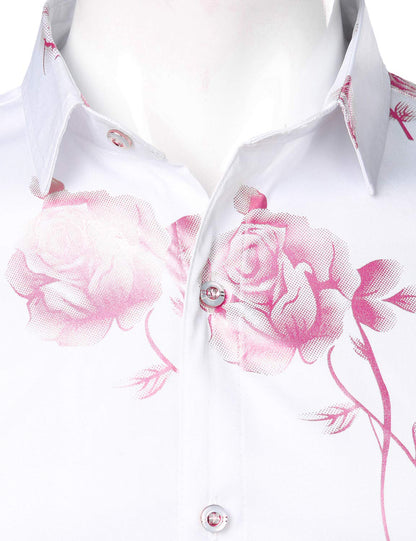 Men's Casual Pink Rose Floral Print Button Up Long Sleeve Dress Shirt