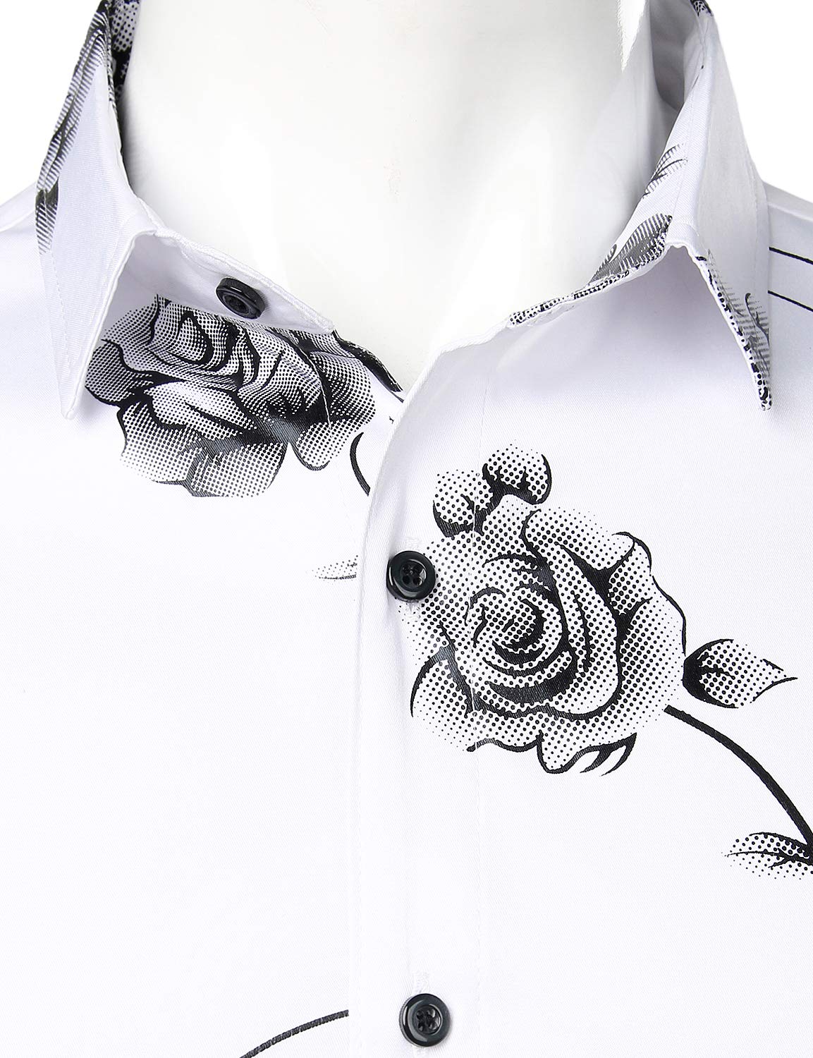 Men's Casual Rose Floral Print Button Up Long Sleeve Shirt