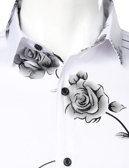 Men's Casual Rose Floral Print Button Up Long Sleeve Shirt
