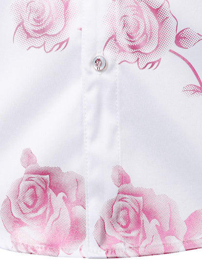 Men's Casual Pink Rose Floral Print Button Up Long Sleeve Dress Shirt