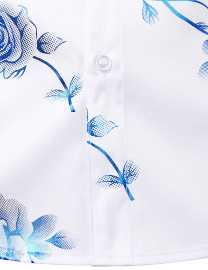Men's Casual Blue Rose Floral Print Button Up Long Sleeve Dress Shirt