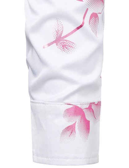 Men's Casual Pink Rose Floral Print Button Up Long Sleeve Dress Shirt