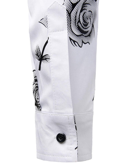 Men's Casual Rose Floral Print Button Up Long Sleeve Shirt