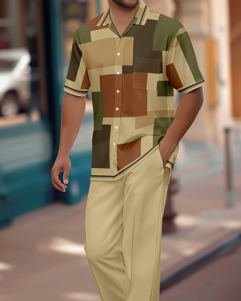 Men's Retro Colorblock Short Sleeve Shirt Walking Suit 1152