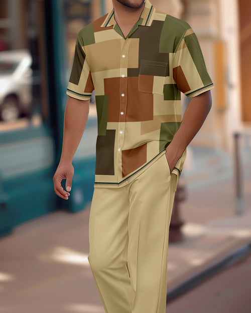 Men's Retro Colorblock Short Sleeve Shirt Walking Suit 1152
