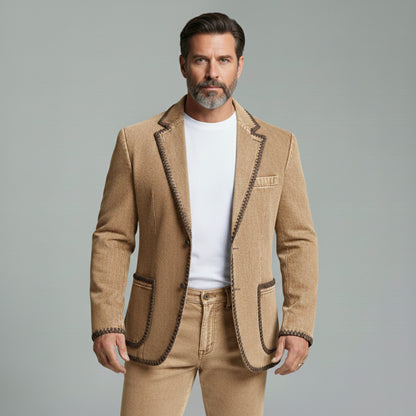 Men's Business Casual Brown Denim Notched Lapel Whipstitch Trim Patch Pockets Long Sleeve Blazer
