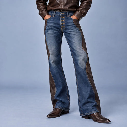 Men's Vintage Denim PU Leather Patchwork Single Breasted Bell Bottom Pants