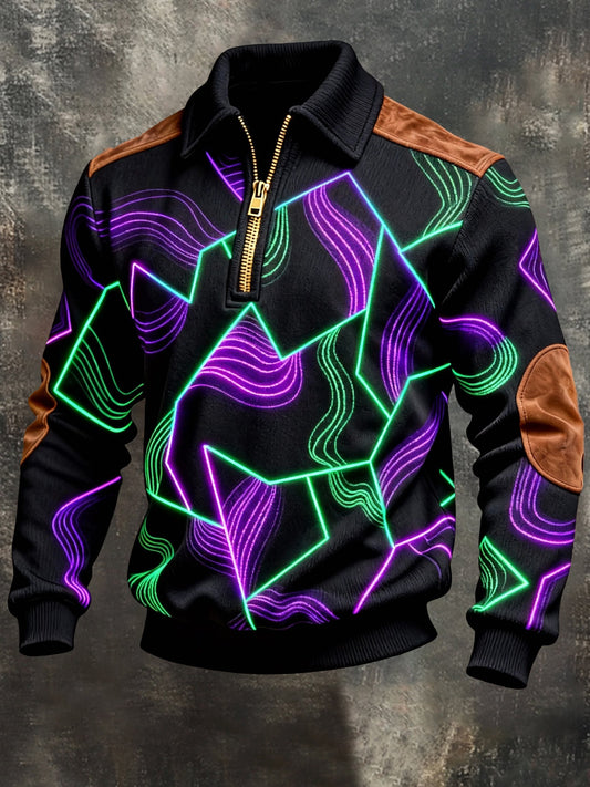 Men's Vintage Color-Block Printed Zip-Up Hoodie