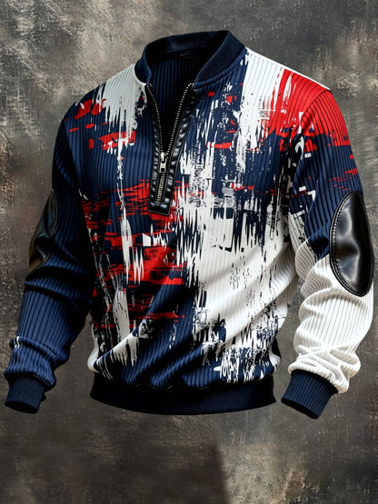 Men's Vintage Color-Block Printed Zip-Up Hoodie