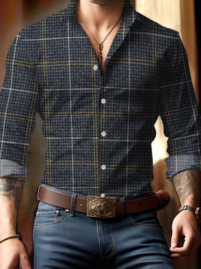Men's Business Casual Plaid Print Long Sleeve Shirt