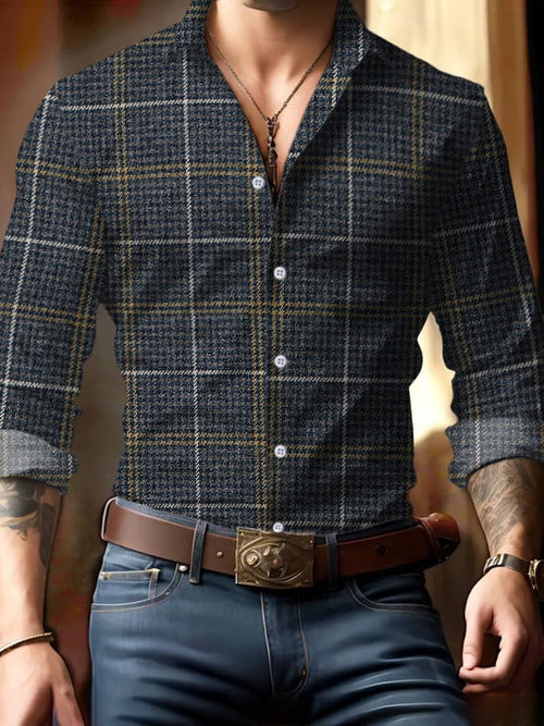 Men's Business Casual Plaid Print Long Sleeve Shirt