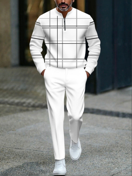Men's Casual Gray & White Color Matching Geometric Printed Round-Neck Zipper Long Sleeved Tops & Trousers Two-Piece Set