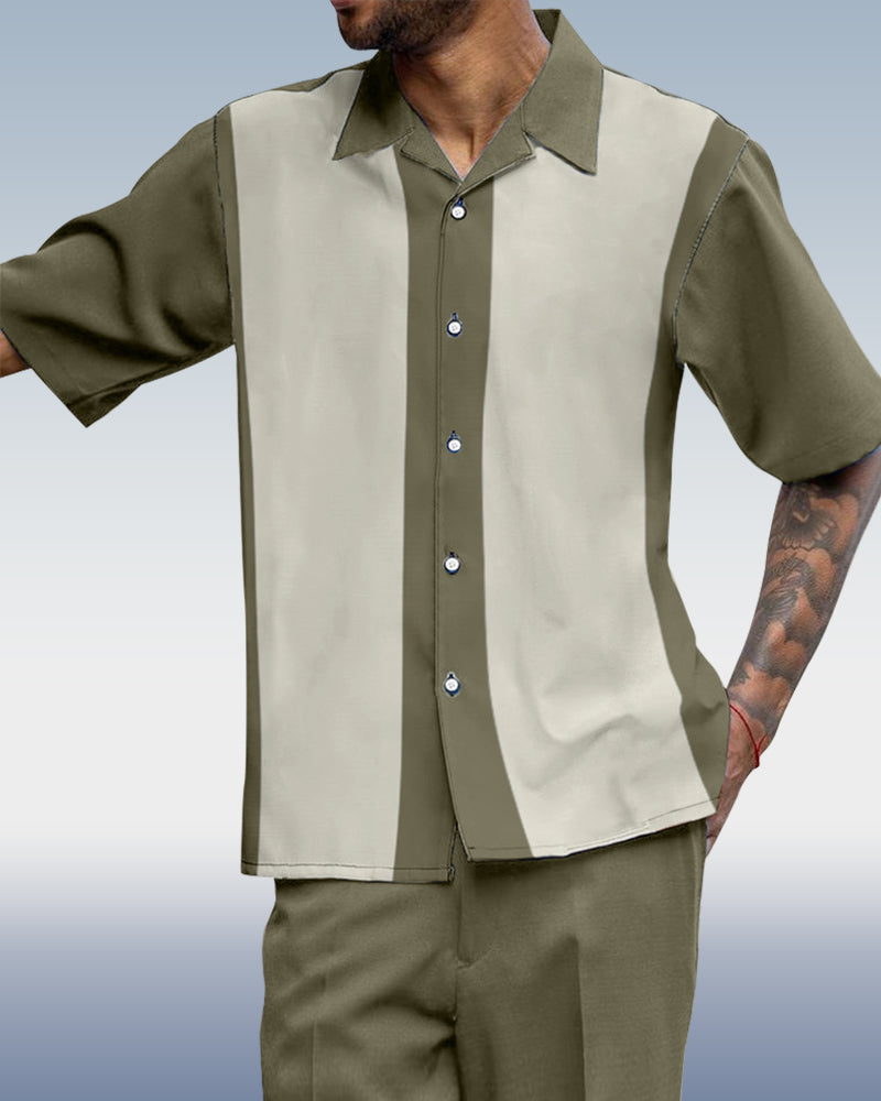 Green Vertical Stripe Print Short Sleeve Walking Suit