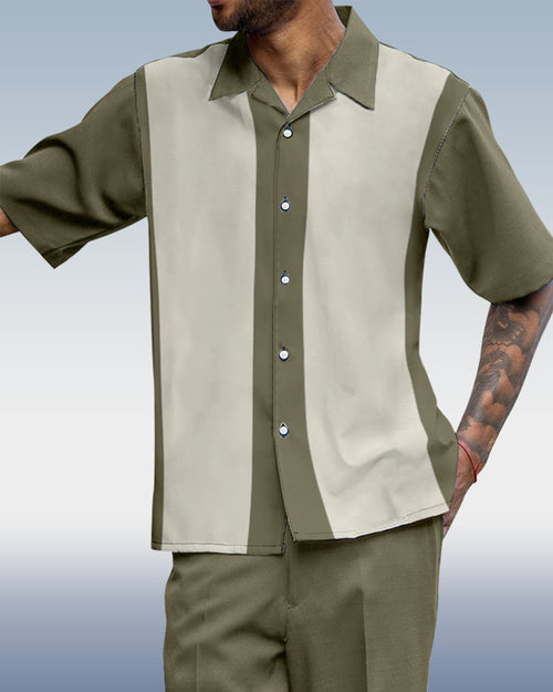 Green Vertical Stripe Print Short Sleeve Walking Suit